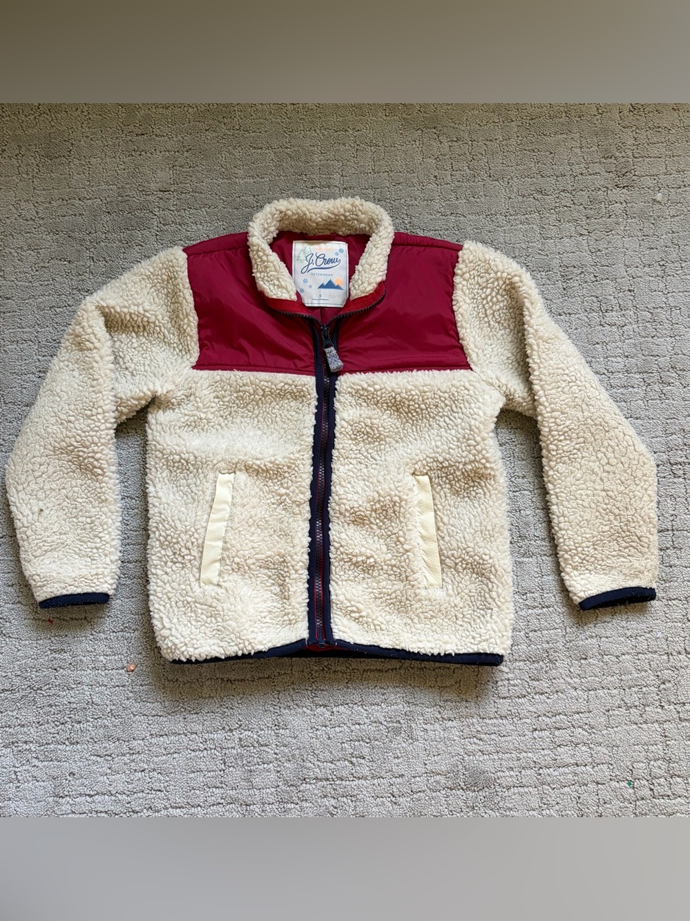 J. Crew Kids Cream Sherpa Jacket with Red Yoke size Small